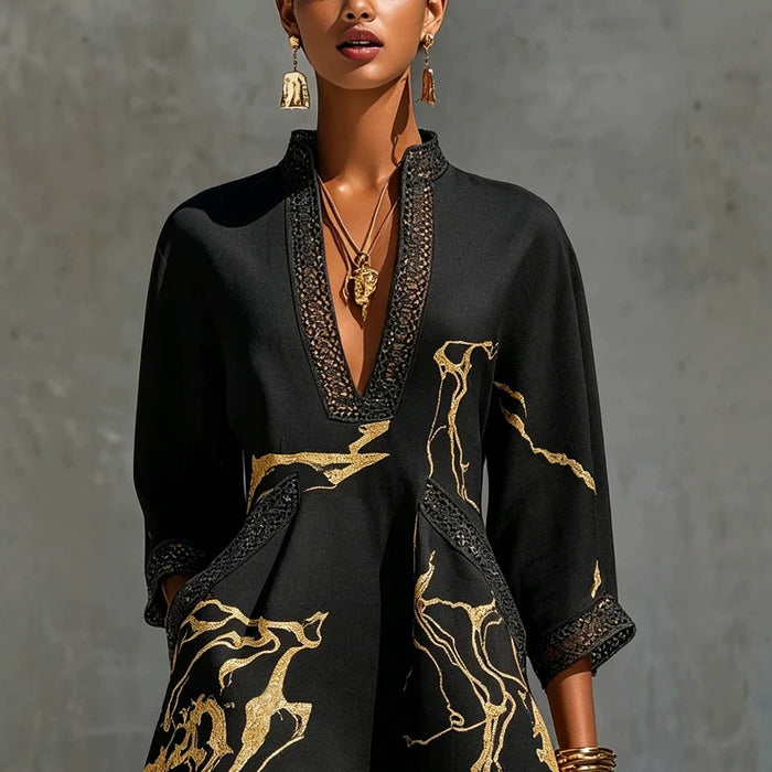 Printed V-neck Lace-trimmed Three-quarter-sleeve Mini Dress by Ricaloux