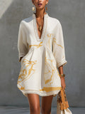 Printed V-neck Lace-trimmed Three-quarter-sleeve Mini Dress by Ricaloux