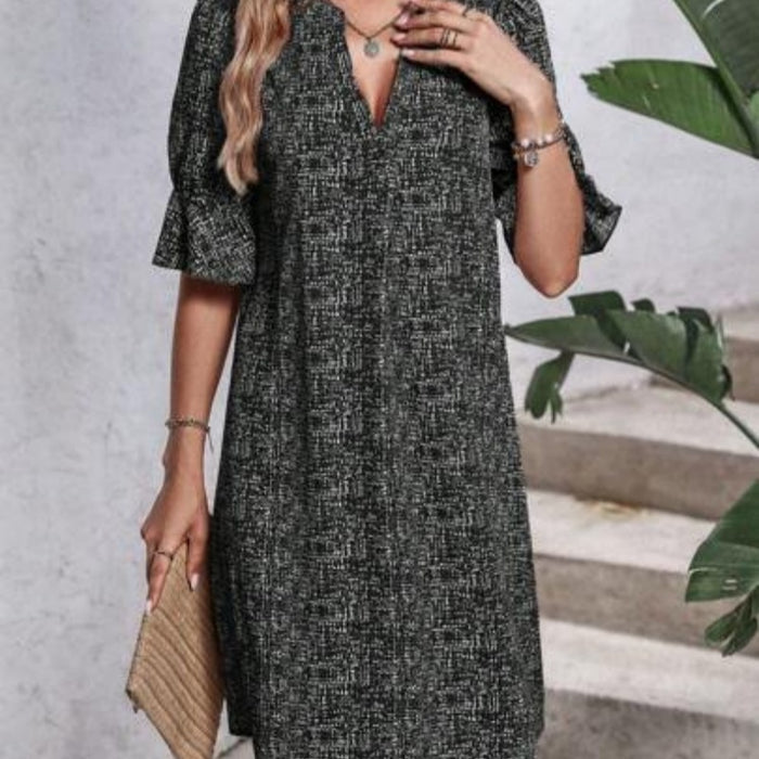 Printed V-neck Loose-fit Pleated Three-quarter-sleeve Dress – Premium 0 | RICALOUX