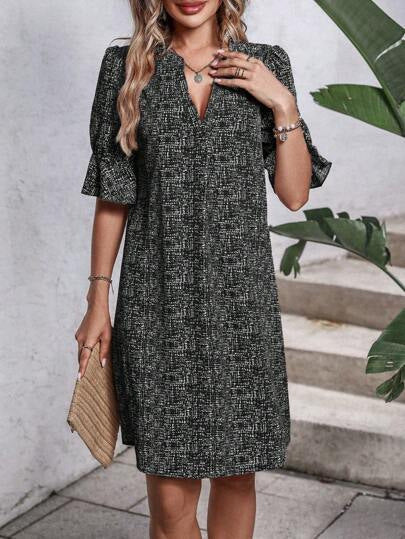 Printed V-neck Loose-fit Pleated Three-quarter-sleeve Dress – Premium 0 | RICALOUX