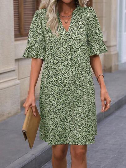Printed V-neck Loose-fit Pleated Three-quarter-sleeve Dress by Ricaloux