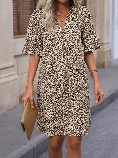 Printed V-neck Loose-fit Pleated Three-quarter-sleeve Dress by Ricaloux