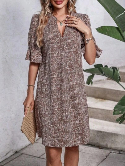 Printed V-neck Loose-fit Pleated Three-quarter-sleeve Dress by Ricaloux