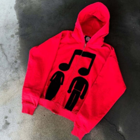 Printed Zip-Up Hoodie Loose-Fit Sweatshirt by Ricaloux
