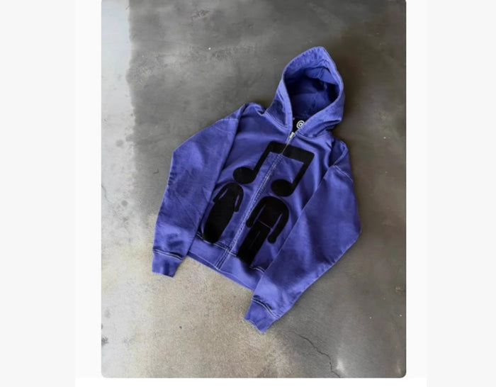 Printed Zip-Up Hoodie Loose-Fit Sweatshirt by Ricaloux