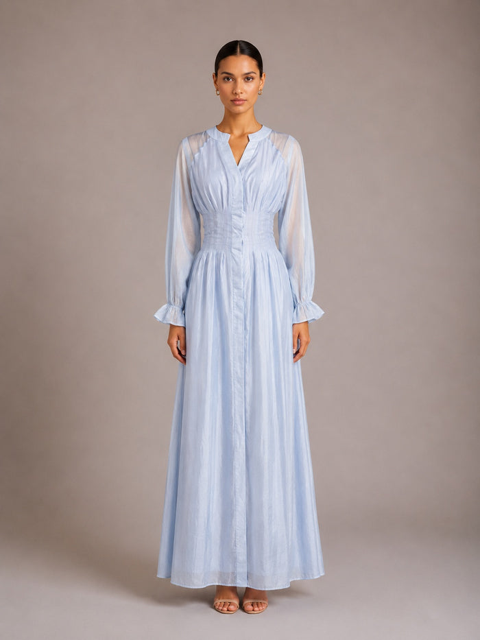 Puff Long Sleeve Gathered Waist Button Front Flowy Dress – Premium 4 | RICALOUX