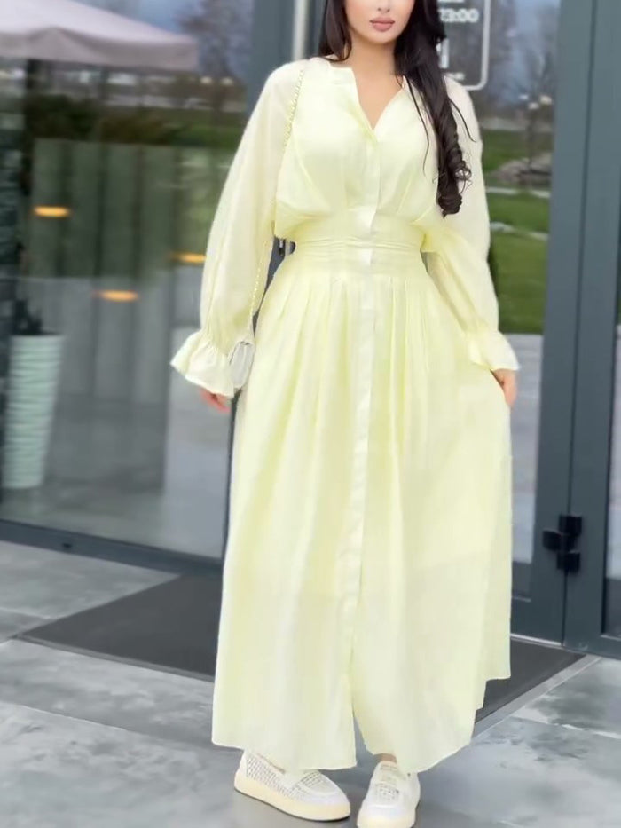 Puff Long Sleeve Gathered Waist Button Front Flowy Dress – Premium 4 | RICALOUX