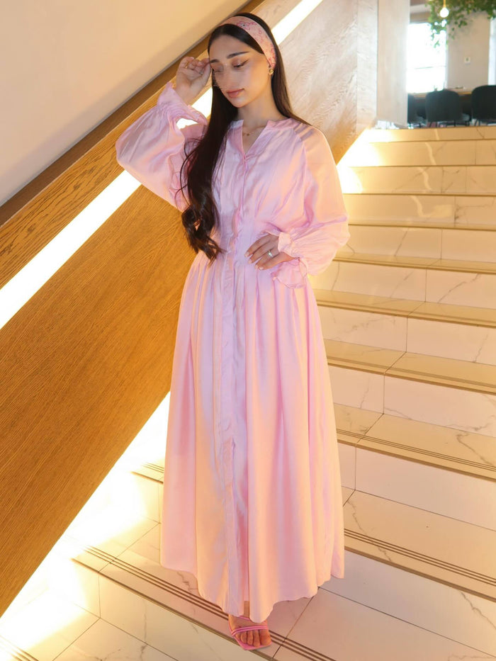 Puff Long Sleeve Gathered Waist Button Front Flowy Dress by Ricaloux