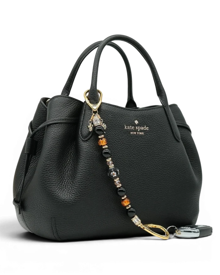 LD Keyfinder Queen Bee II charm with black obsidian, gold, and crystal beads, featuring a bumblebee charm.