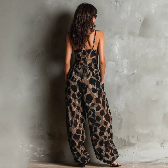 Retro Leopard Print Deep V-neck Tie-detail Strap Jumpsuit by Ricaloux