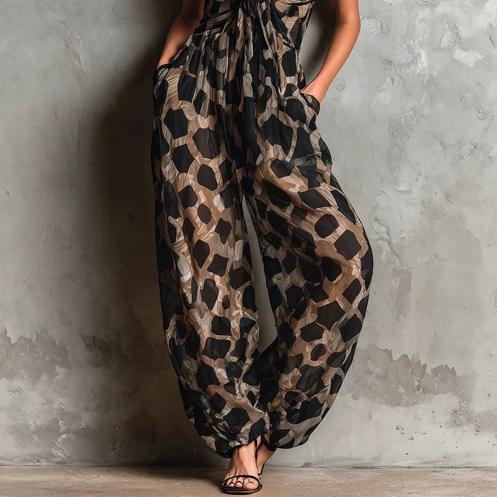 Retro Leopard Print Deep V-neck Tie-detail Strap Jumpsuit – Premium 0 | RICALOUX