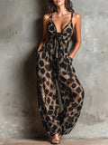 Retro Leopard Print Deep V-neck Tie-detail Strap Jumpsuit – Premium 0 | RICALOUX