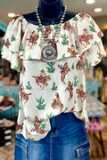 Retro Ruffle Cactus Cowboy Print Top – Premium 4 | RICALOUX