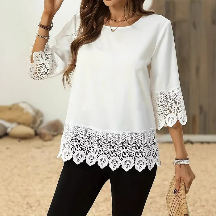 Round-neck Lace-trimmed Patchwork Minimalist Womens T-shirt by Ricaloux