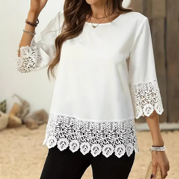 Round-neck Lace-trimmed Patchwork Minimalist Womens T-shirt by Ricaloux
