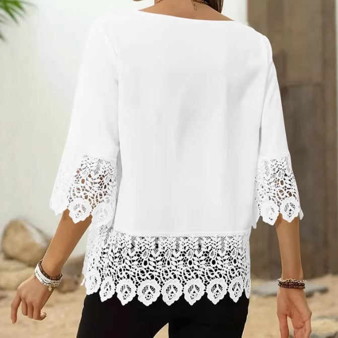 Round-neck Lace-trimmed Patchwork Minimalist Womens T-shirt by Ricaloux