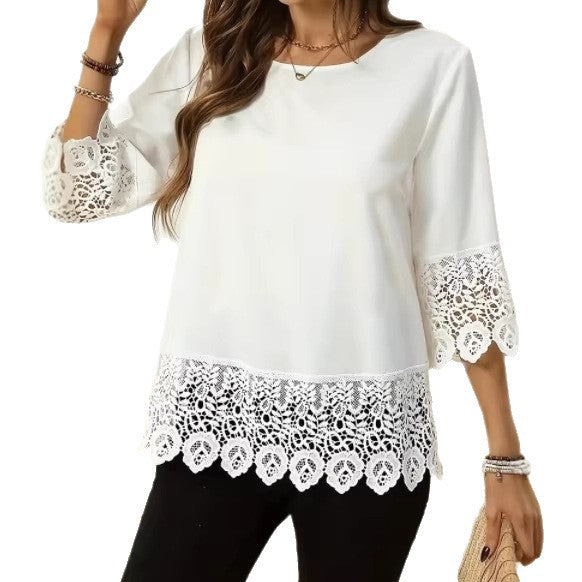 Round-neck Lace-trimmed Patchwork Minimalist Womens T-shirt – Premium 0 | RICALOUX