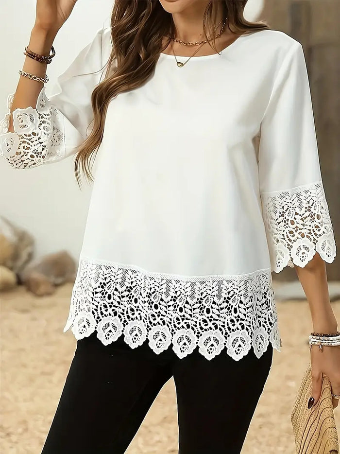 Round-neck Lace-trimmed Patchwork Minimalist Womens T-shirt – Premium 0 | RICALOUX