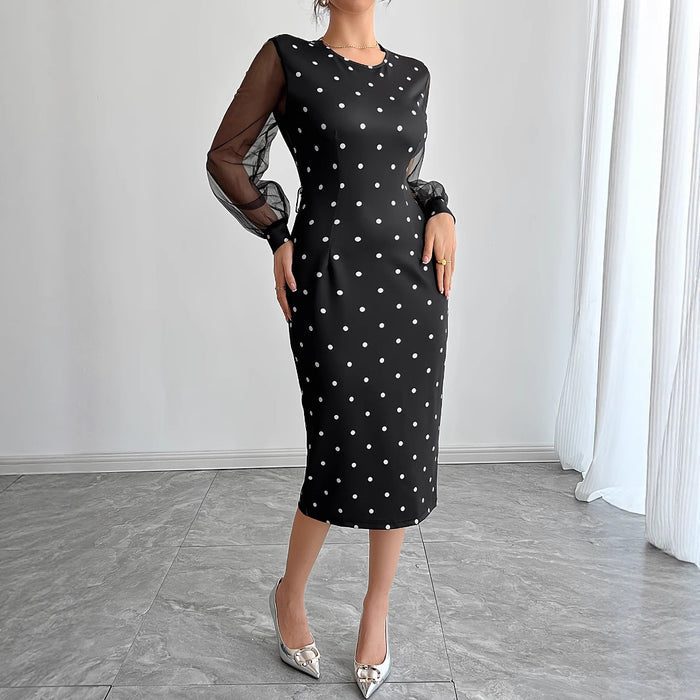 Round-neck Polka-dot Dress With Mesh Sleeves by Ricaloux