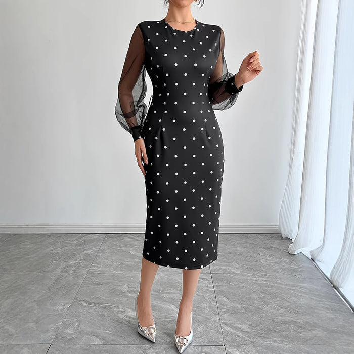 Round-neck Polka-dot Dress With Mesh Sleeves by Ricaloux