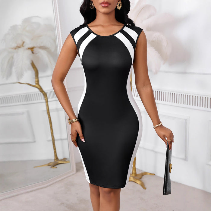 Round-neck Printed Sleeveless Color-block Sexy Slim-fit Bodycon Dress by Ricaloux