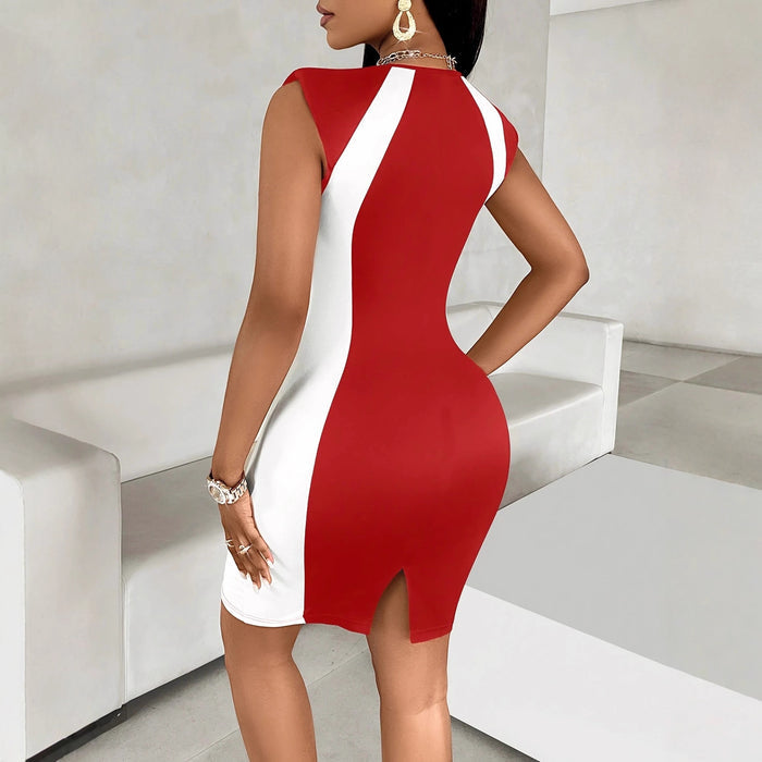 Round-neck Printed Sleeveless Color-block Sexy Slim-fit Bodycon Dress by Ricaloux