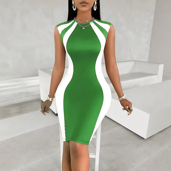 Round-neck Printed Sleeveless Color-block Sexy Slim-fit Bodycon Dress by Ricaloux