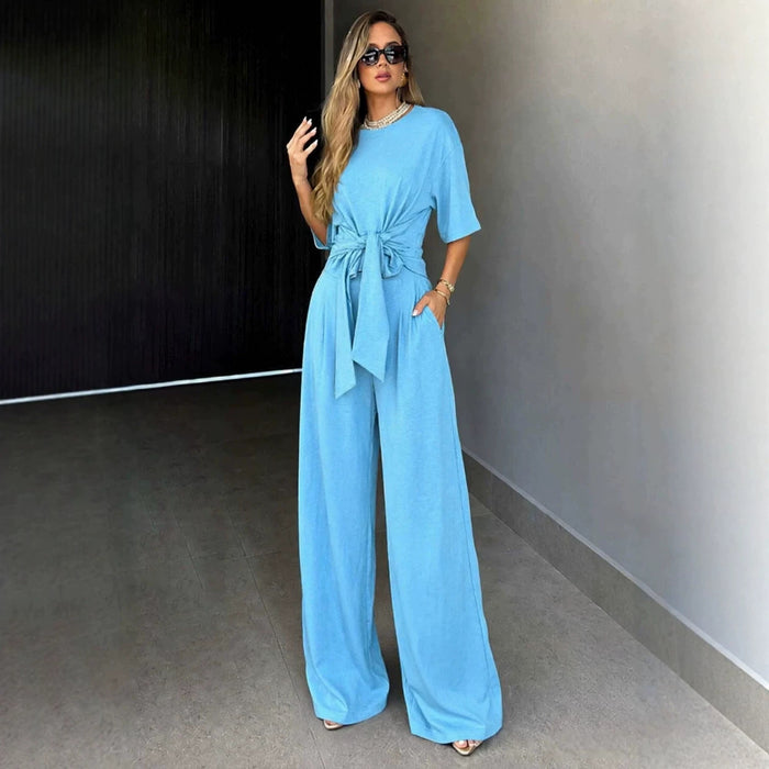 Round-neck Short-sleeve Top And Loose Wide-leg Pants Set – Premium 0 | RICALOUX