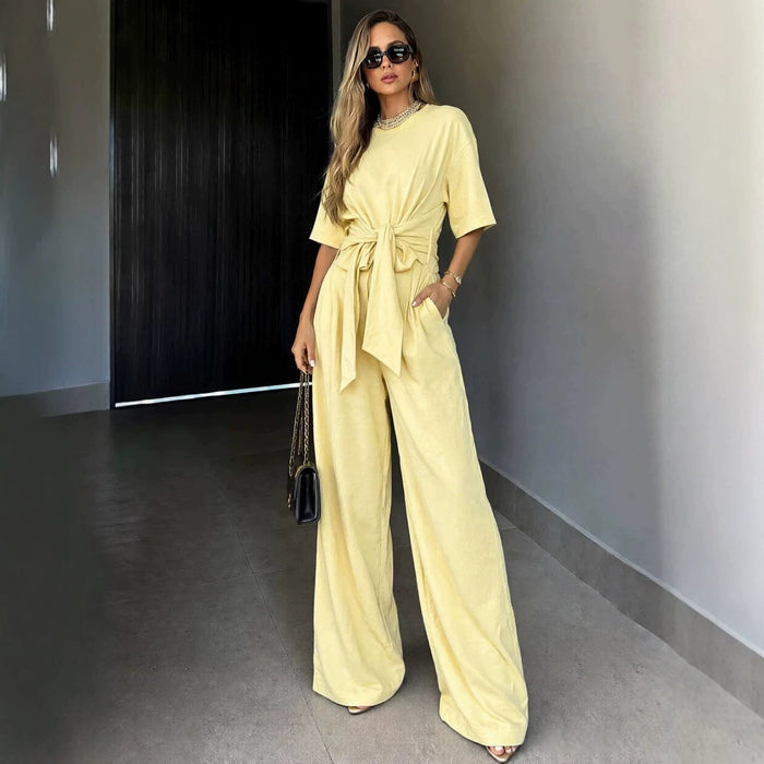 Round-neck Short-sleeve Top And Loose Wide-leg Pants Set – Premium 0 | RICALOUX