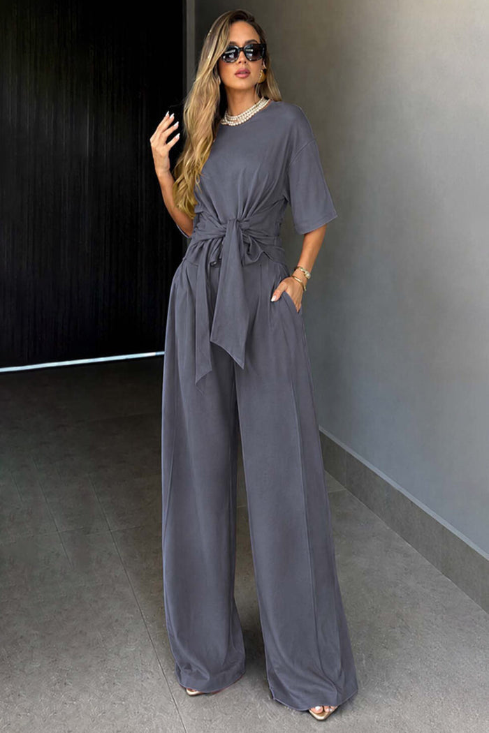 Round-neck Short-sleeve Top And Loose Wide-leg Pants Set – Premium 0 | RICALOUX