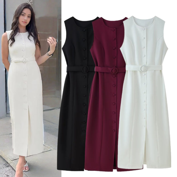 Round-neck Sleeveless Dress With A Belt And Single-breasted Buttons by Ricaloux
