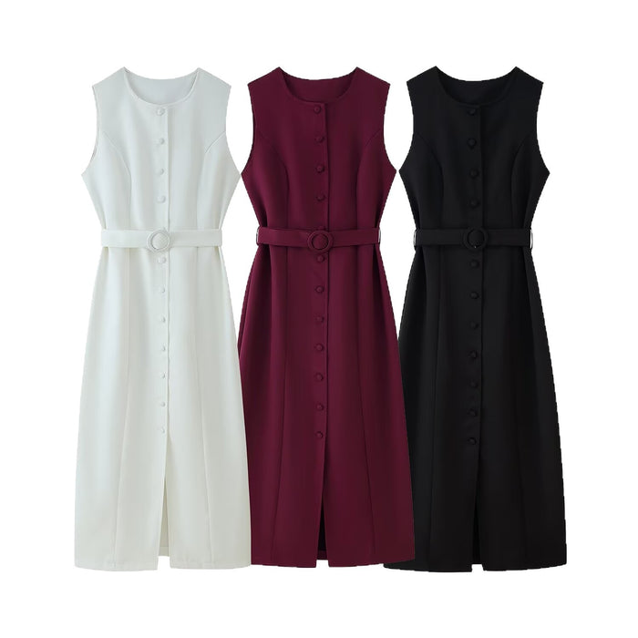Round-neck Sleeveless Dress With A Belt And Single-breasted Buttons by Ricaloux