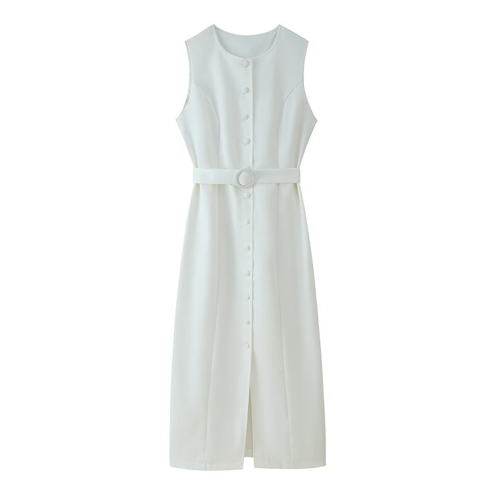 Round-neck Sleeveless Dress With A Belt And Single-breasted Buttons by Ricaloux