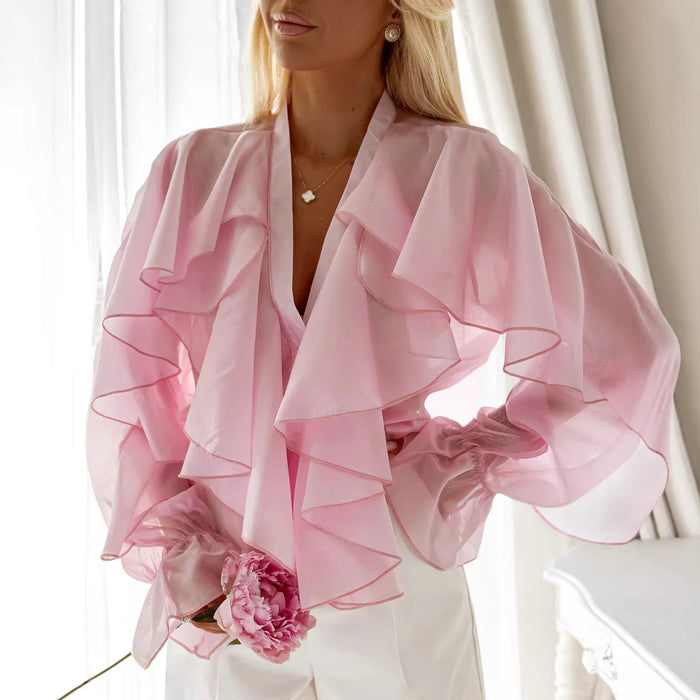 Ruffled Chiffon Blouse Womens Casual Top by Ricaloux