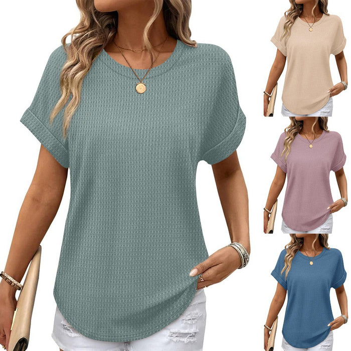 Ruffled-edged Short-sleeve Waffle-knit Crew-neck Top With A Curved Hem by Ricaloux
