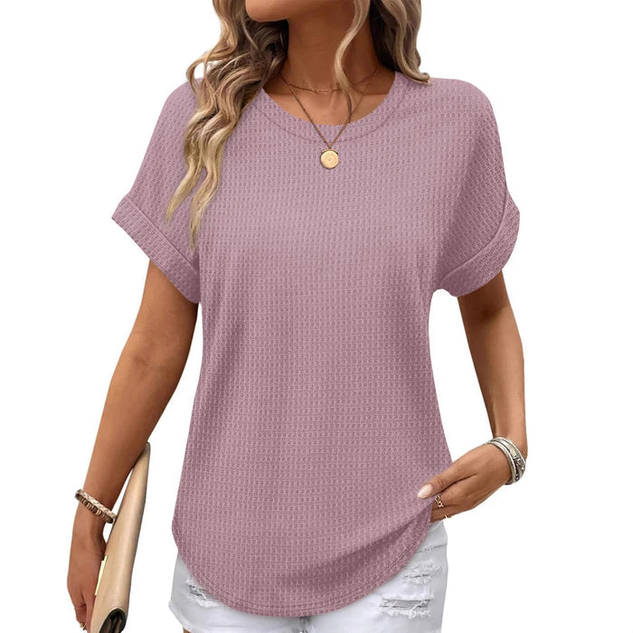 Ruffled-edged Short-sleeve Waffle-knit Crew-neck Top With A Curved Hem by Ricaloux