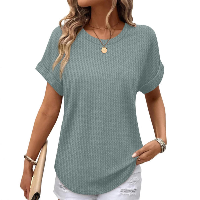Ruffled-edged Short-sleeve Waffle-knit Crew-neck Top With A Curved Hem by Ricaloux