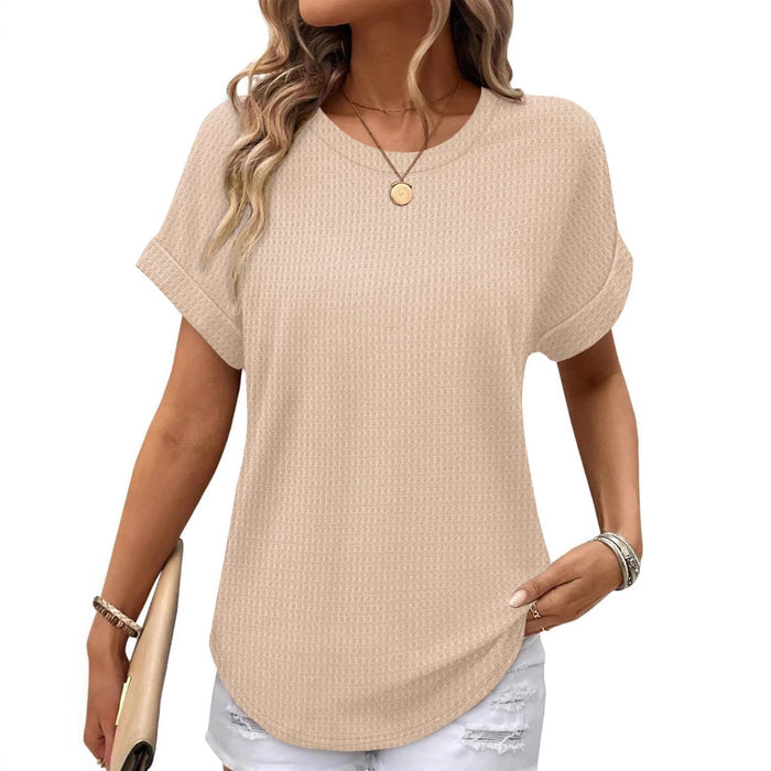 Ruffled-edged Short-sleeve Waffle-knit Crew-neck Top With A Curved Hem by Ricaloux