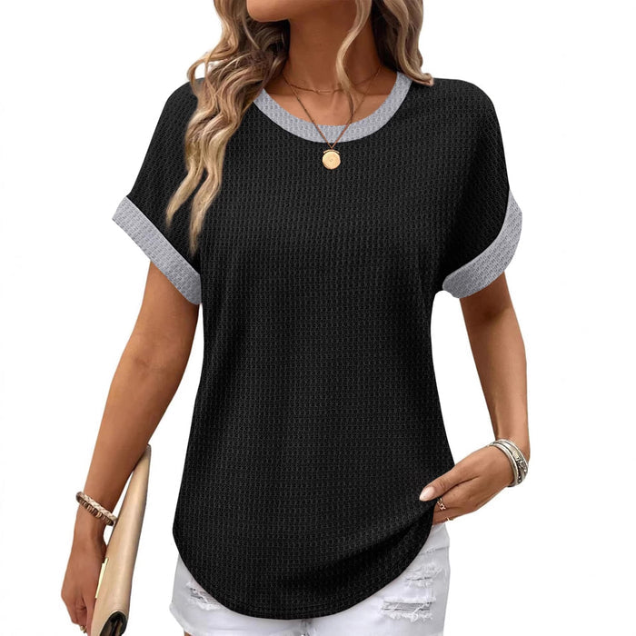 Ruffled-edged Short-sleeve Waffle-knit Crew-neck Top With A Curved Hem by Ricaloux