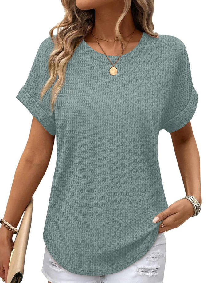 Ruffled-edged Short-sleeve Waffle-knit Crew-neck Top With A Curved Hem by Ricaloux
