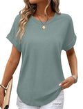 Ruffled-edged Short-sleeve Waffle-knit Crew-neck Top With A Curved Hem by Ricaloux