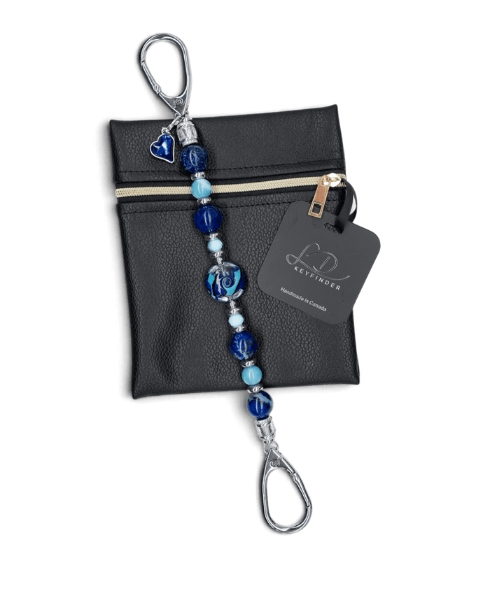 LD Keyfinder Sapphire Allure beaded keychain with blue artisan glass, jasper, larimar, and a sapphire heart charm.