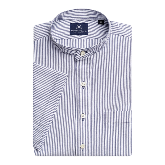 SEERSUCKER BANDED COLLAR SHORT SLEEVE POPOVER SHIRT - BLUE STRIPE