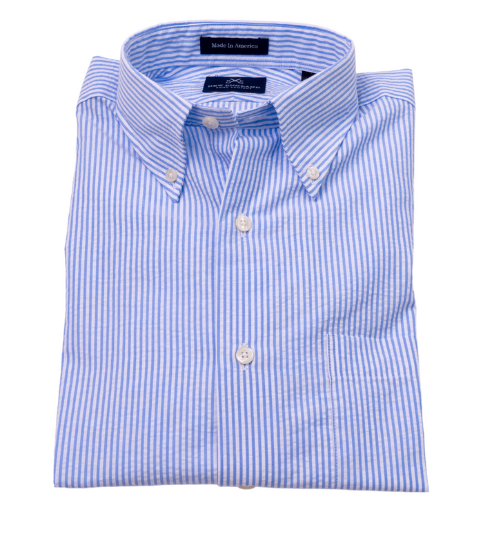 SEERSUCKER BUTTON DOWN SPORT SHIRT - BLUE STRIPE