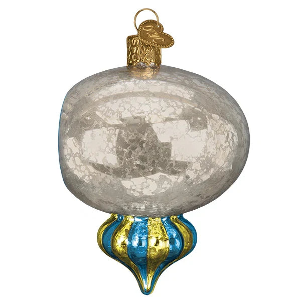 Decorative glass reflector ornament with gold and blue base on a white background