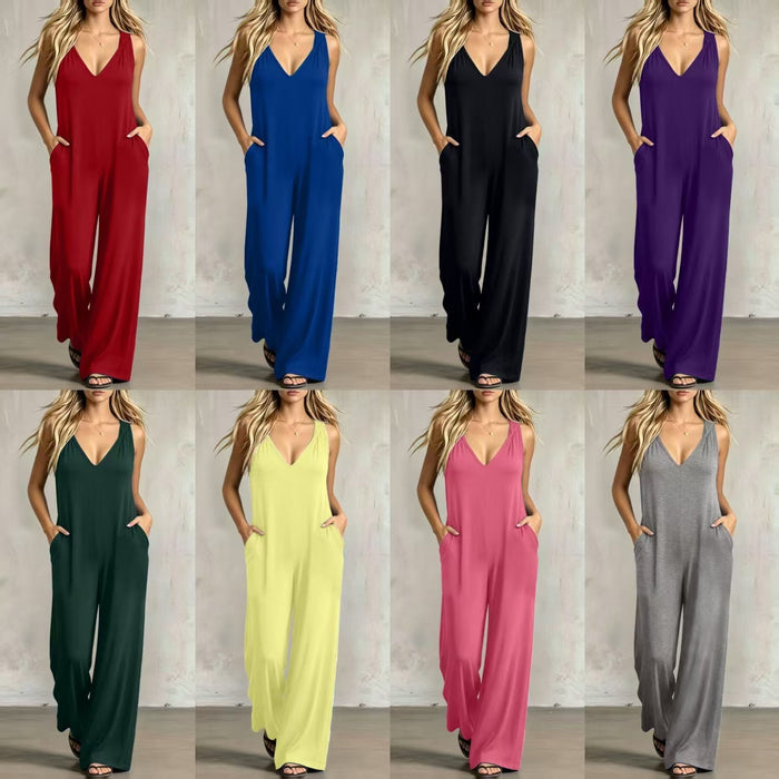 Simple V-neck Pocket Solid-color Hooded Jumpsuit by Ricaloux