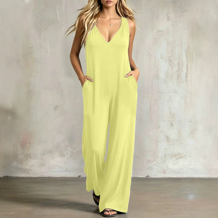 Simple V-neck Pocket Solid-color Hooded Jumpsuit – Premium 0 | RICALOUX