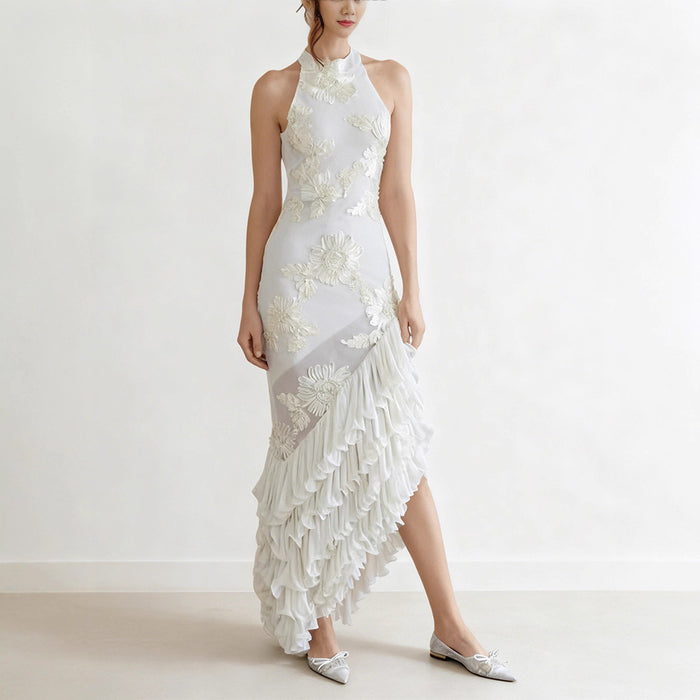 Sleeveless Off-shoulder Dress With Three-dimensional Embroidery And Ruffled Hem by Ricaloux