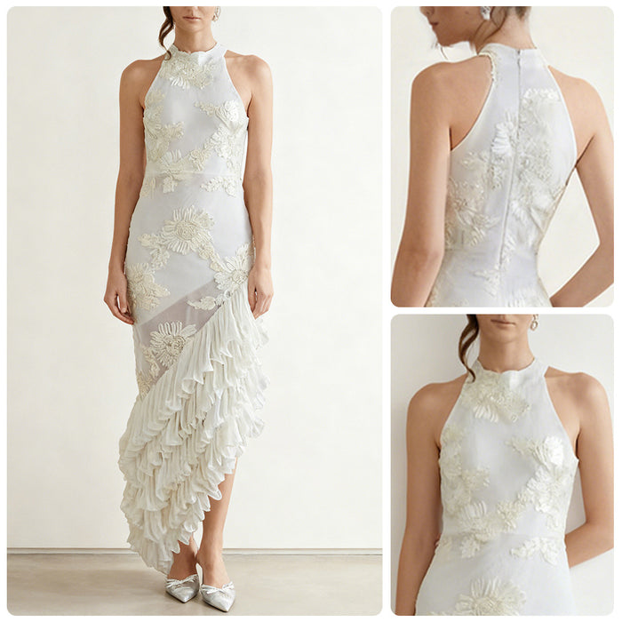 Sleeveless Off-shoulder Dress With Three-dimensional Embroidery And Ruffled Hem by Ricaloux