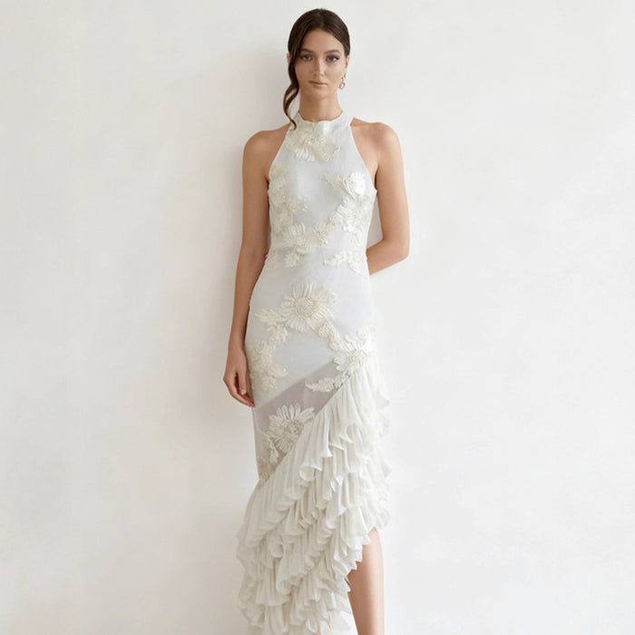 Sleeveless Off-shoulder Dress With Three-dimensional Embroidery And Ruffled Hem by Ricaloux